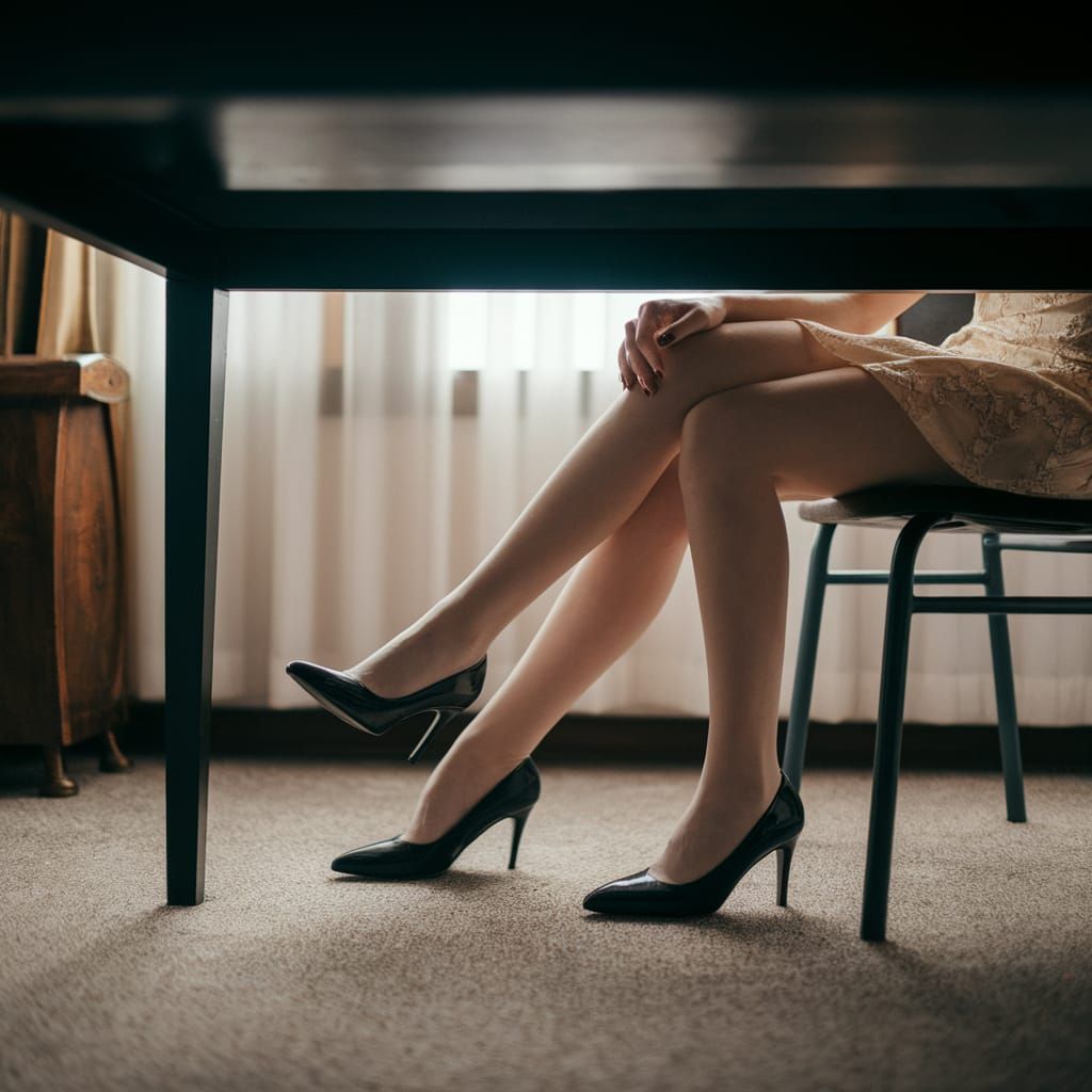 Man in Skirt and Stockings Under Table
