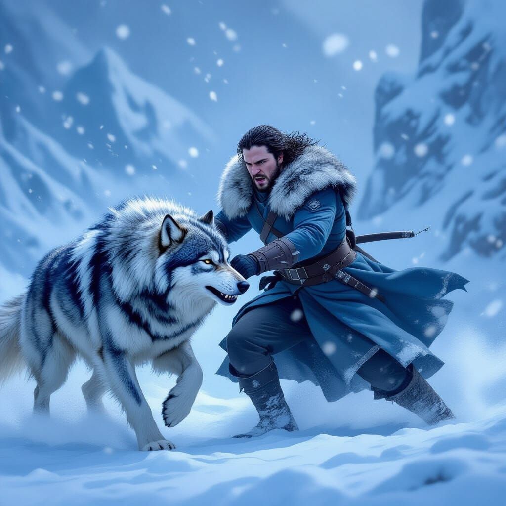 Jon Snow Battles Blizzard With Direwolf