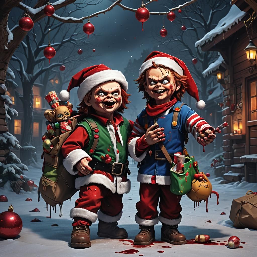 Cartoon Chucky as Santa with Severed Head