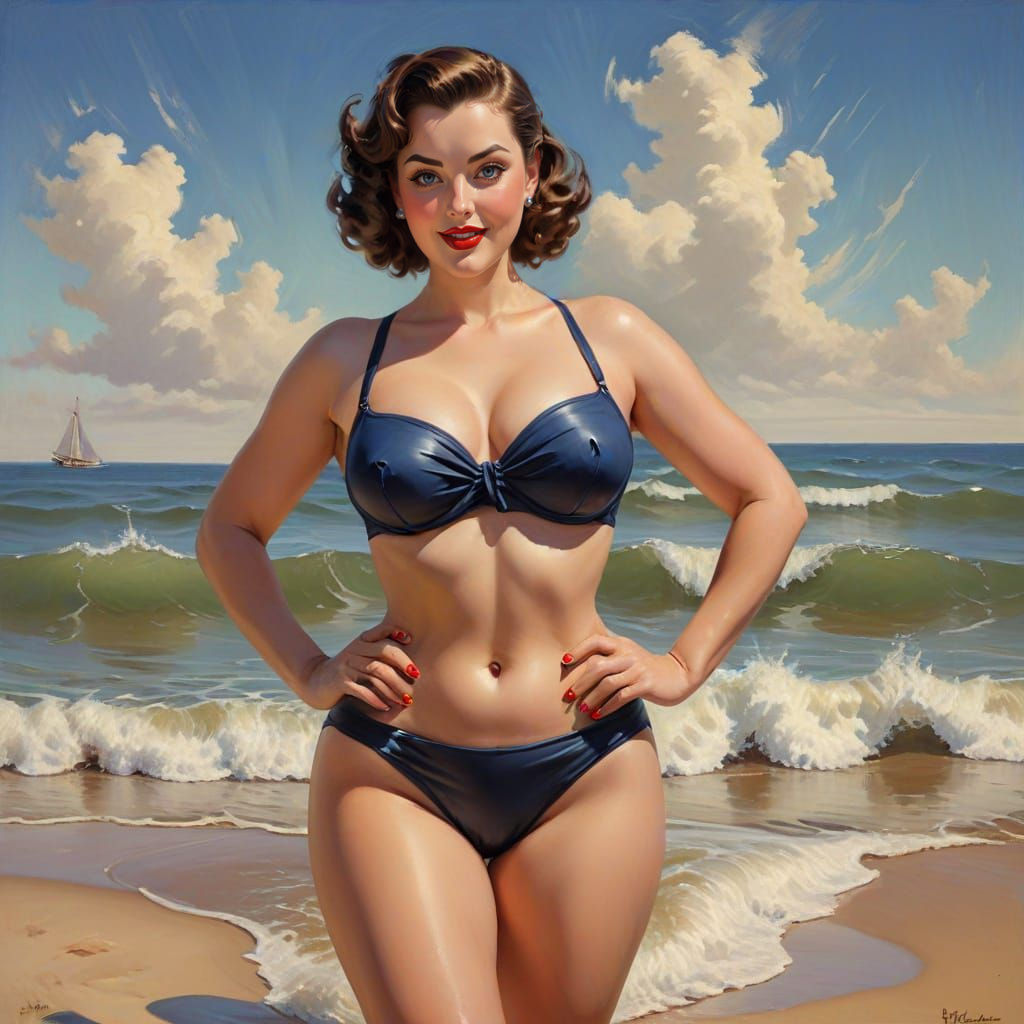 Curvy Woman on Beach in Pinup Style