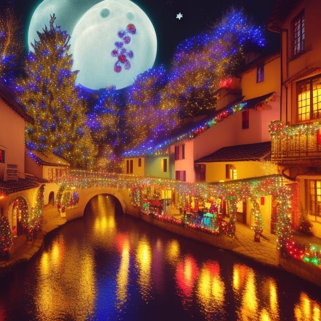 Festive Village Aglow with Christmas Lights at Night