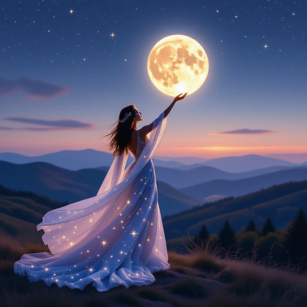 Celestial Goddess Reaches for the Moon in Ethereal Digital A...
