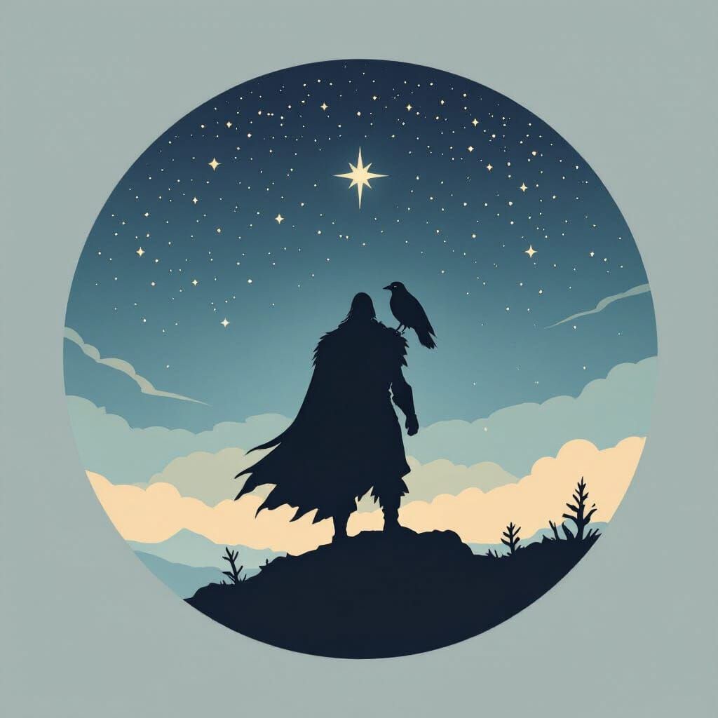 Viking Warrior Emblem with Raven Under Starry Sky