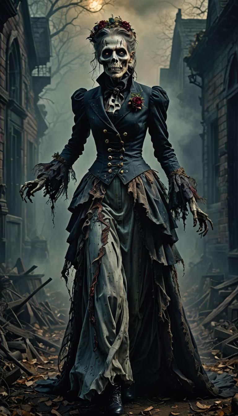 half rotten zombie dressed in an old suit