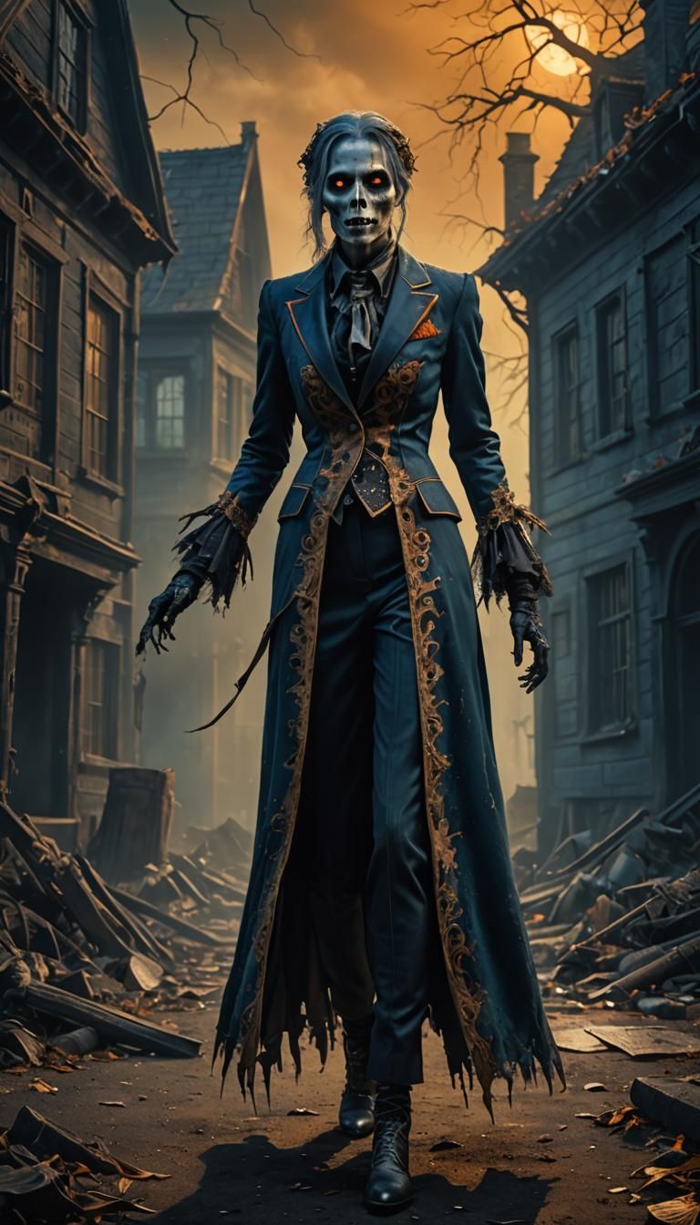 half rotten zombie dressed in an old suit