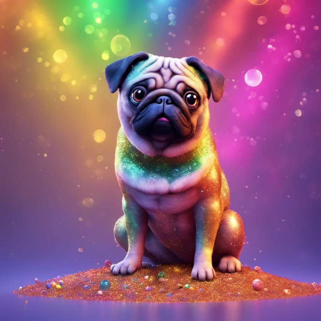 Glitter Pug on Rainbow: 3D Digital Art