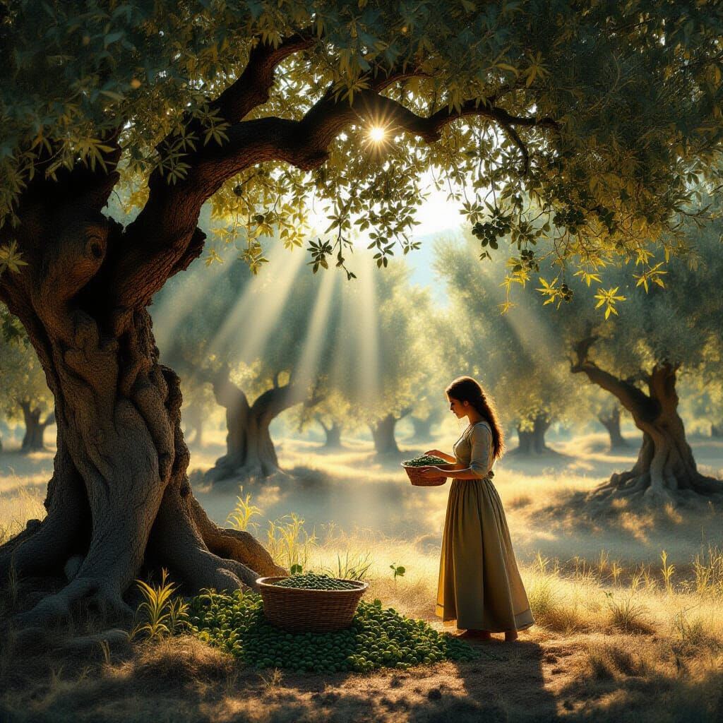 Olive Collector in Sunlit Ancient Grove