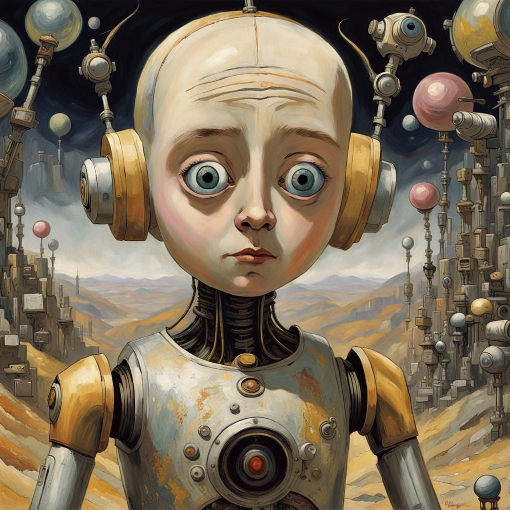 Despairing Teletubby Droid in Gloomy Intricate Painting