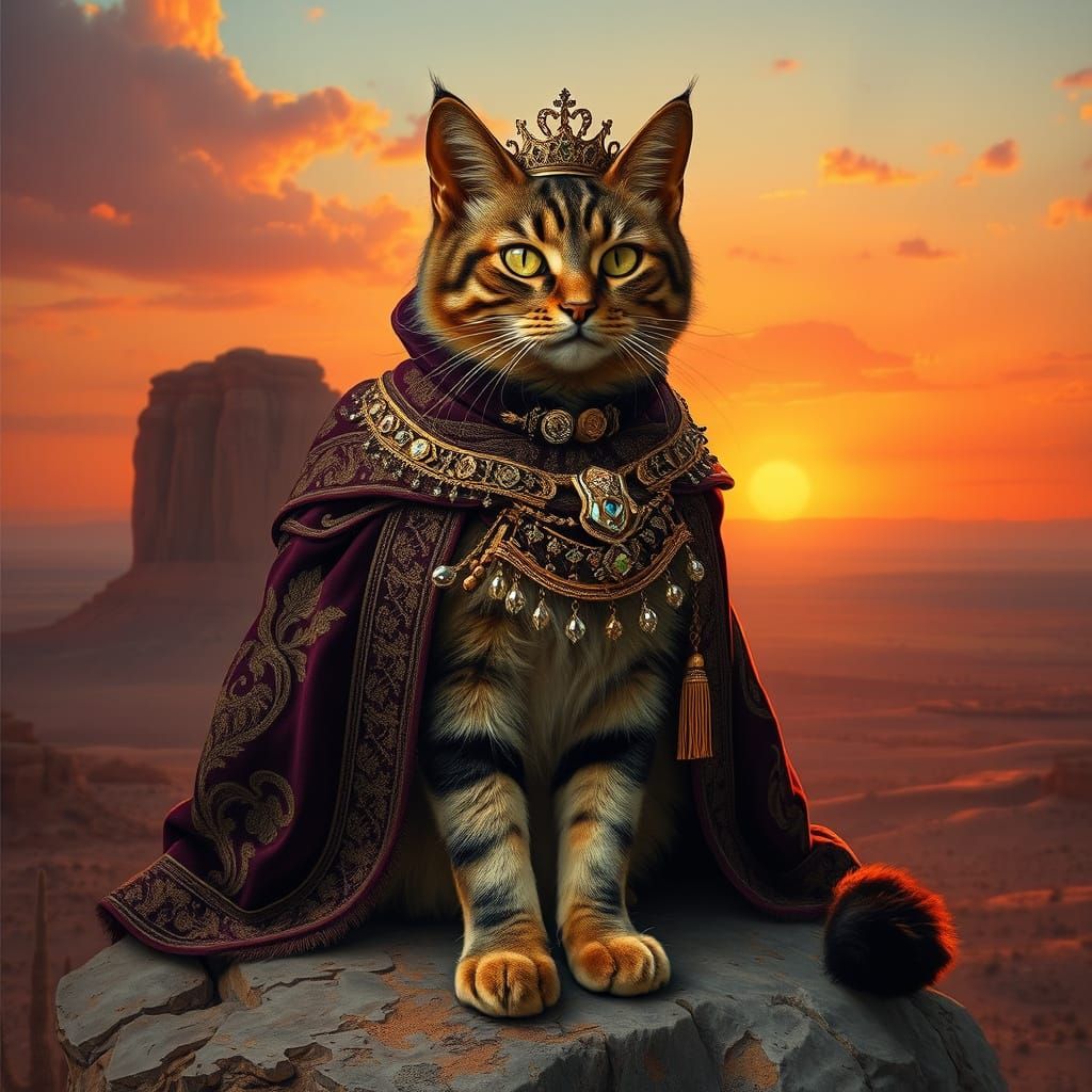 Regal Feline in Velvet Robes, Desert Sunset Background