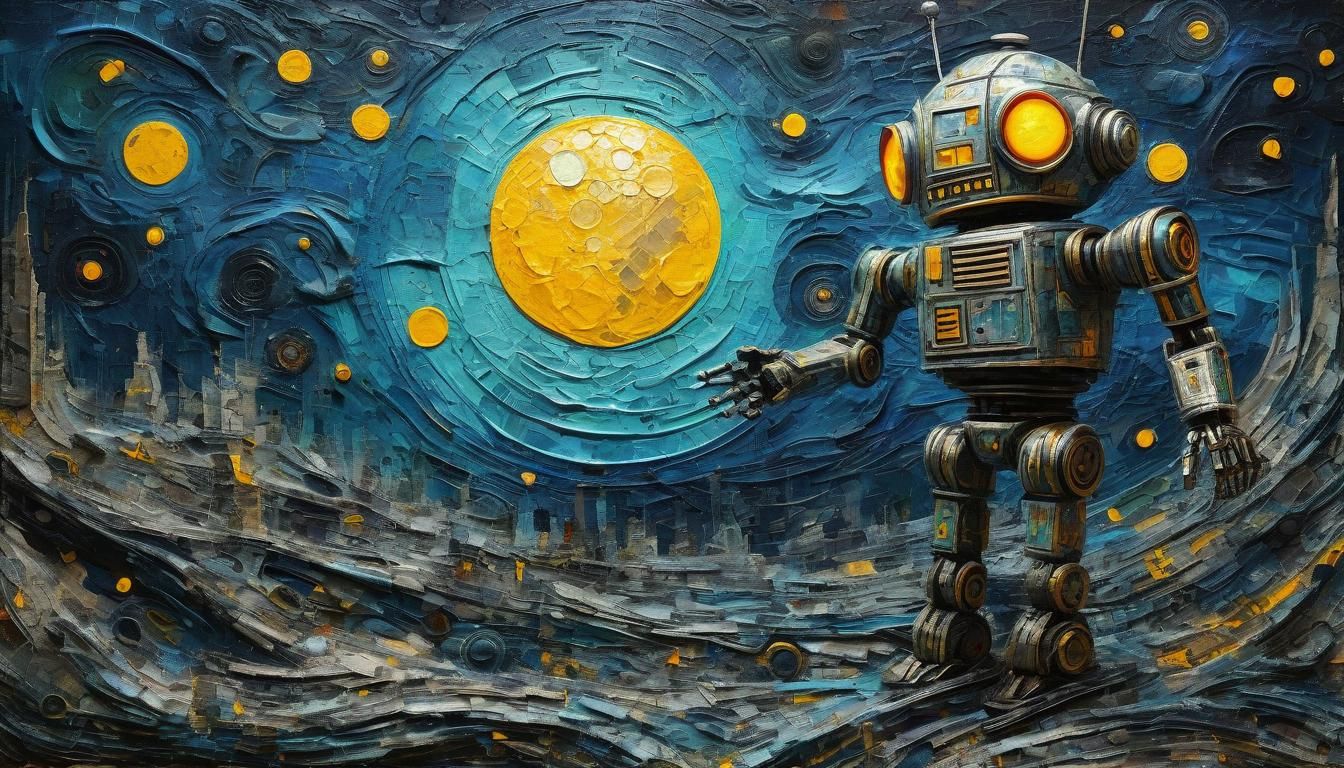 Robot Moon and Sun Boxing: Vintage Oil Painting