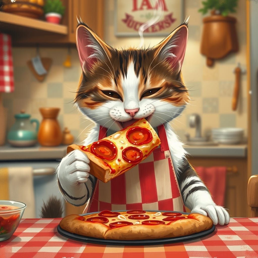 Feline Pizza Party in Warm Italian Kitchen