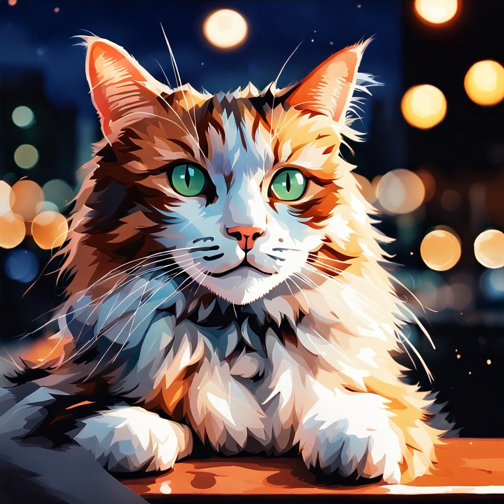 Happy Calico Cat in Night Cafe Illustration