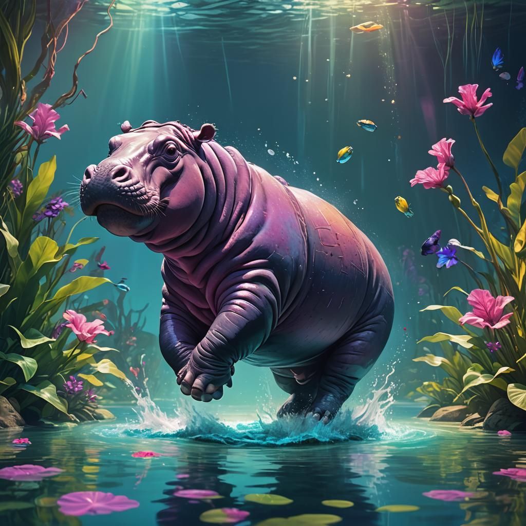 Fantasy Hippo Hopping: Vibrant Dreamlike Concept Art