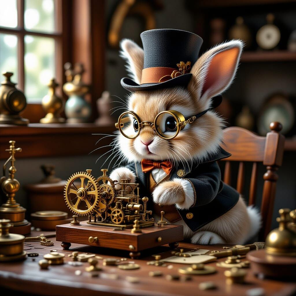 Whimsical Rabbit Inventor Assembling Clockwork Device