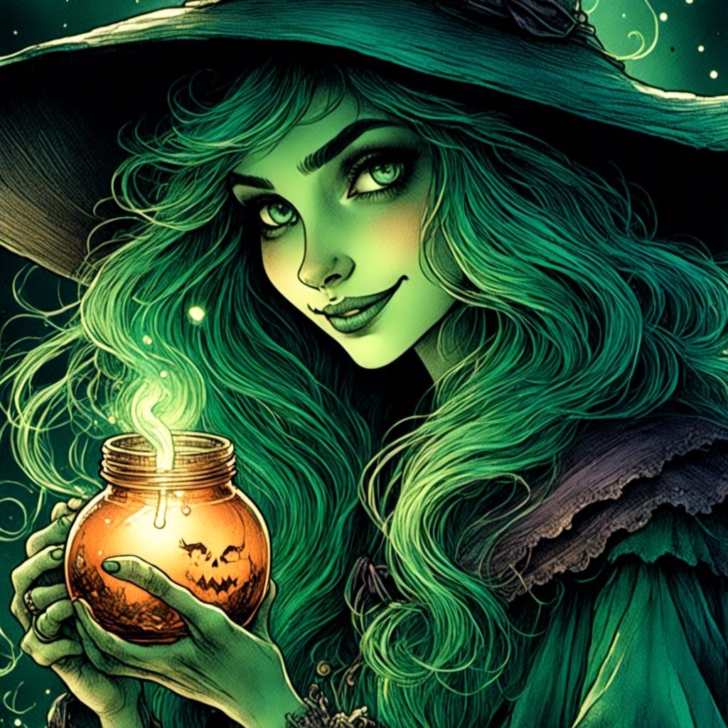 Friendly Witch with Bubbling Potion and Glowing Eyes