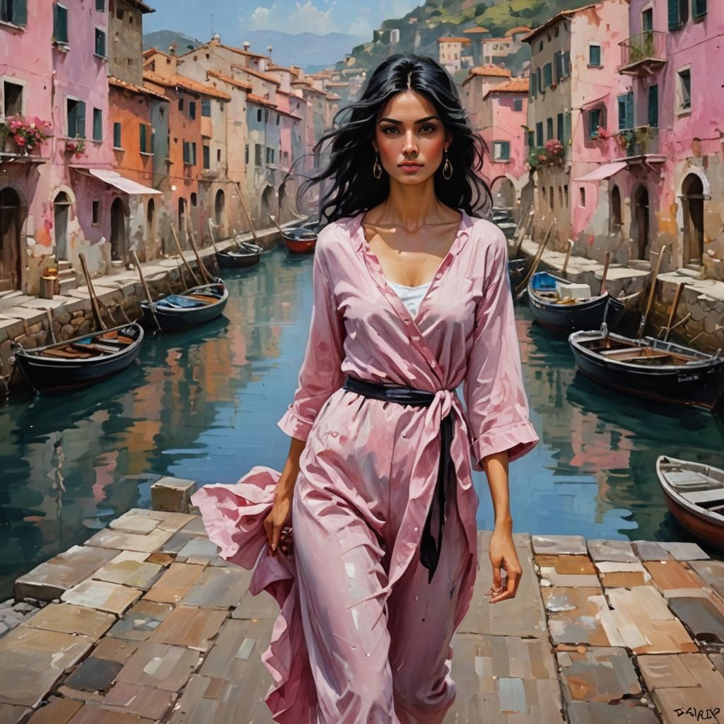 beautiful Italian thin woman walking down the fishing village, in harbour bobbed black hair, natural beauty, oil, pink t...