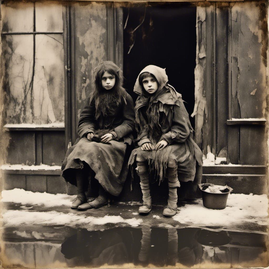 Victorian Street Urchins in Worn Black and White Photo