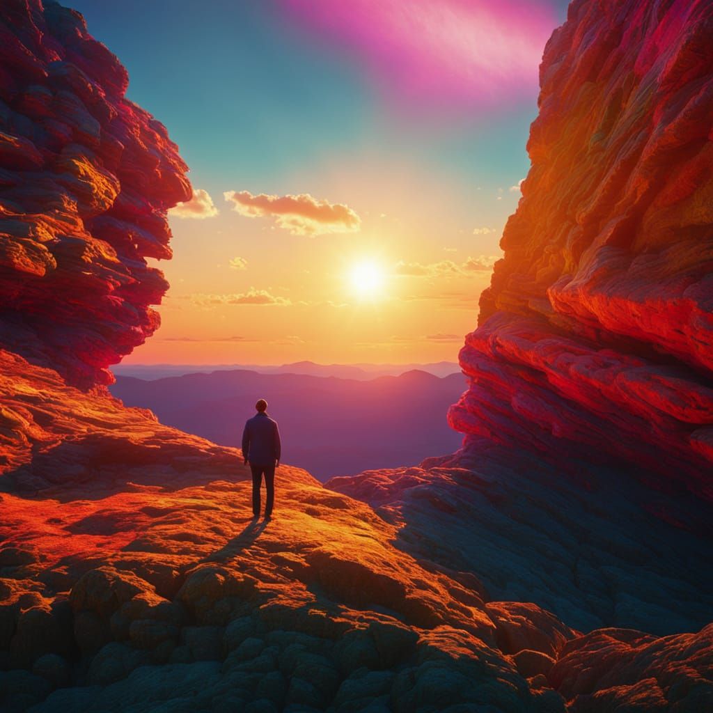 Man on Rock in Lyrical Abstraction Style