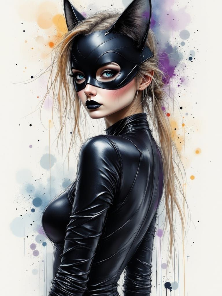 Catwoman in Watercolor Ink Style