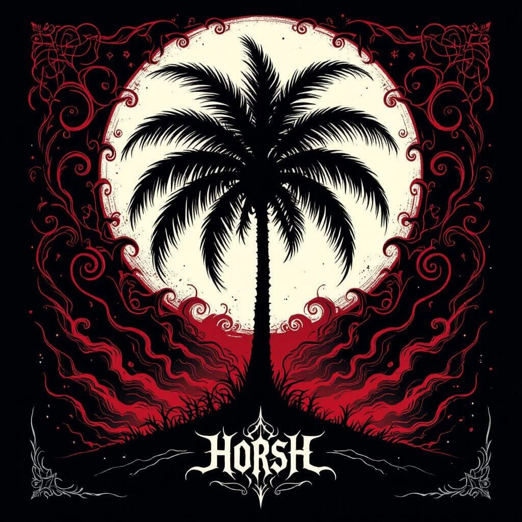 Palm Silhouette in Cosmic Death Metal Art Style