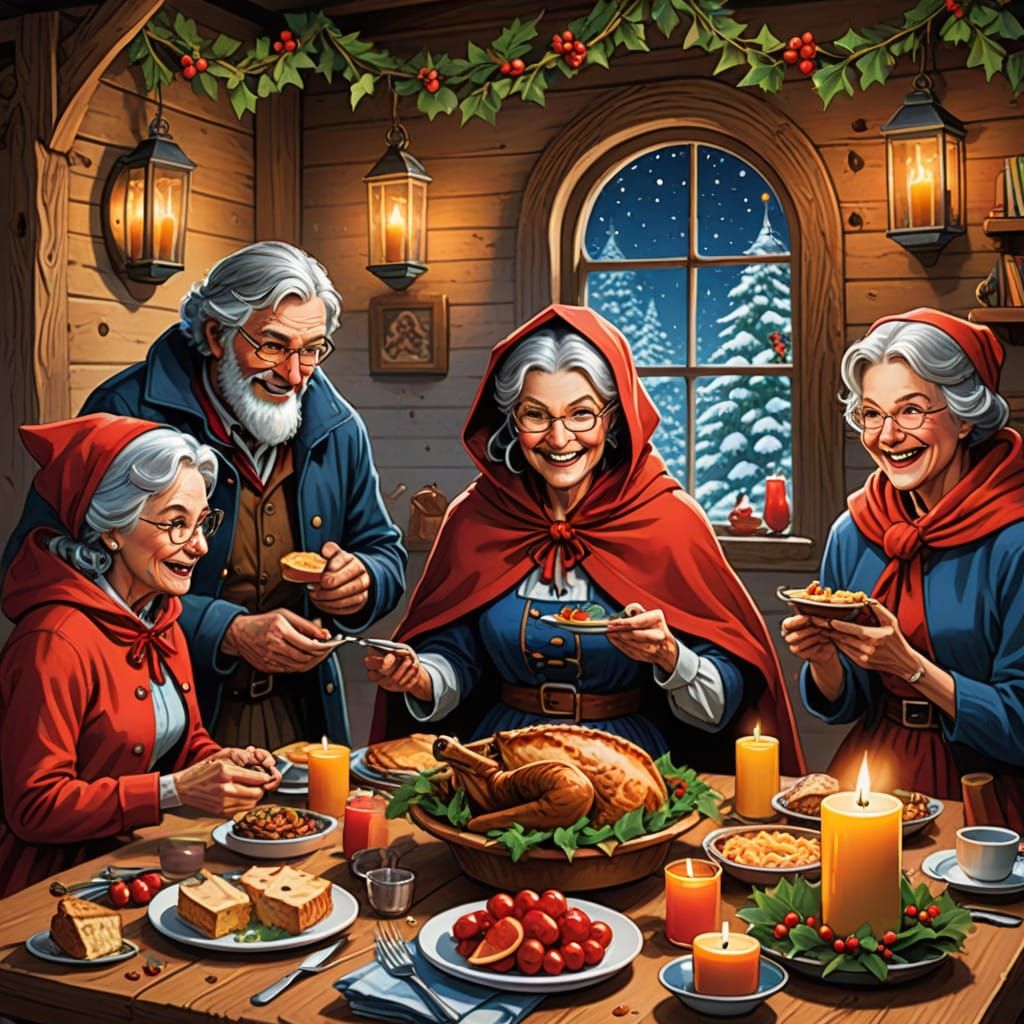 Festive Gathering in Whimsical Comic Book Style