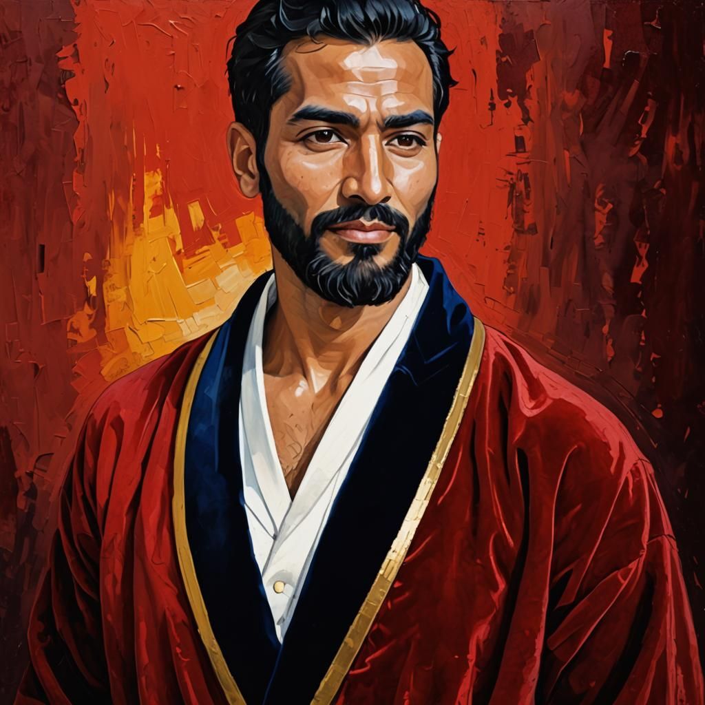 Handsome Man in Red Robe: Neo-Impressionist Portrait