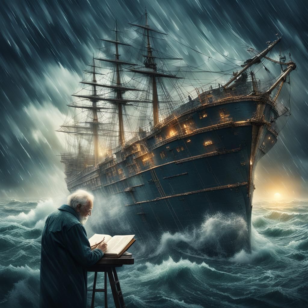 Epic Double Exposure: Old Man Writing at Sea