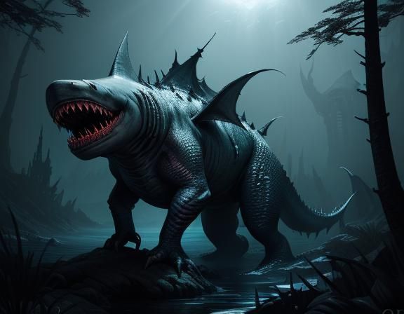 Bioluminescent Shark-Wyvern Hybrid in Dark Fantasy Art