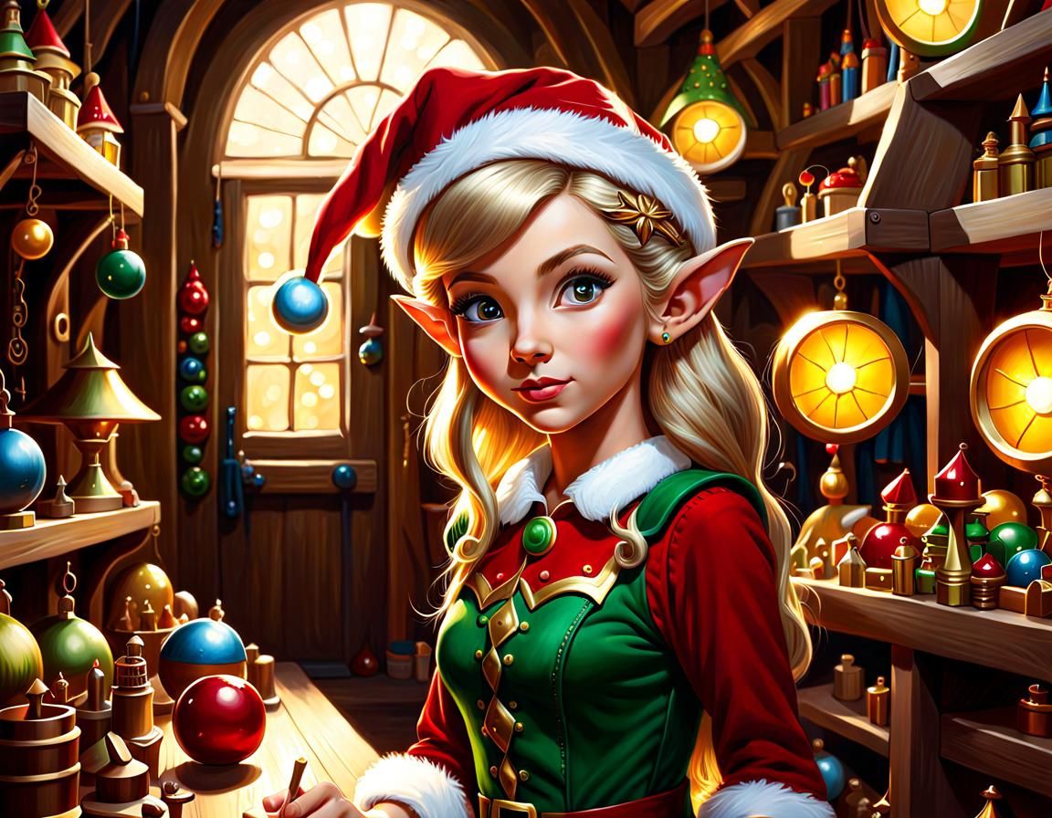 Fantasy Oil Painting of Santa's Elf in Workshop