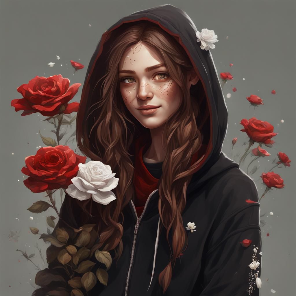 Smiling Girl with Roses in Detailed Digital Painting