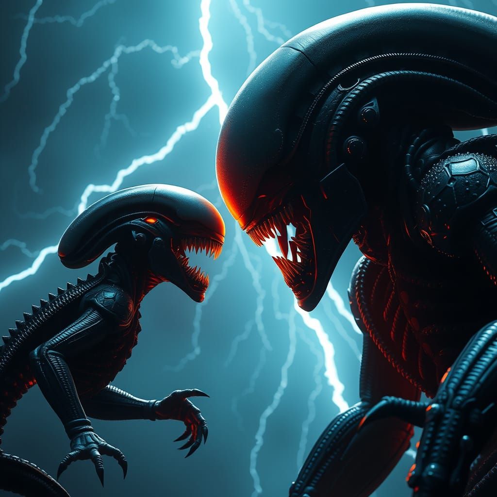 Xenomorph Family Confrontation Under Dramatic Lightning