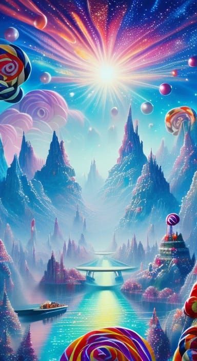 Candy Cosmos: Dreamlike Digital Painting of Lollipop Mountai...