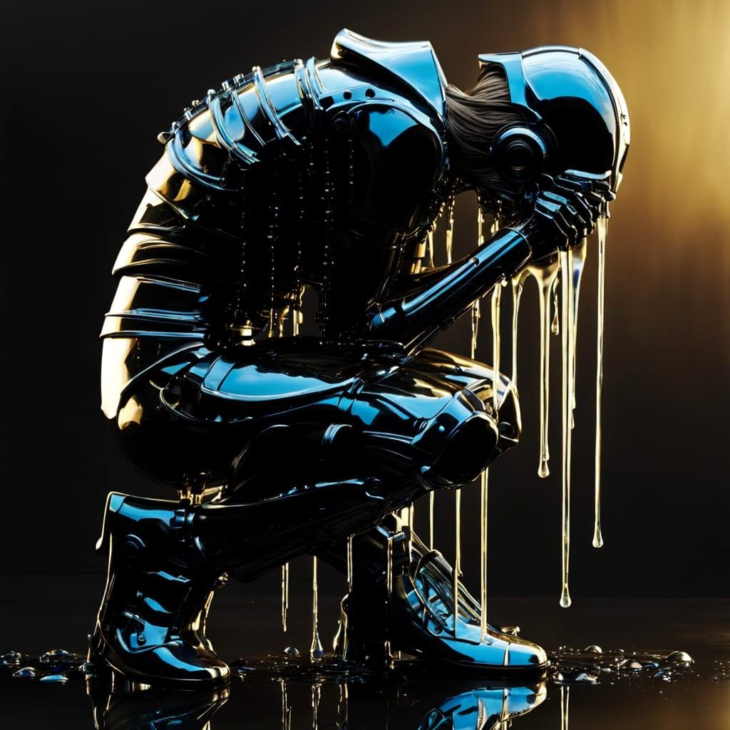Weeping Android Kneeling in Dramatic Light