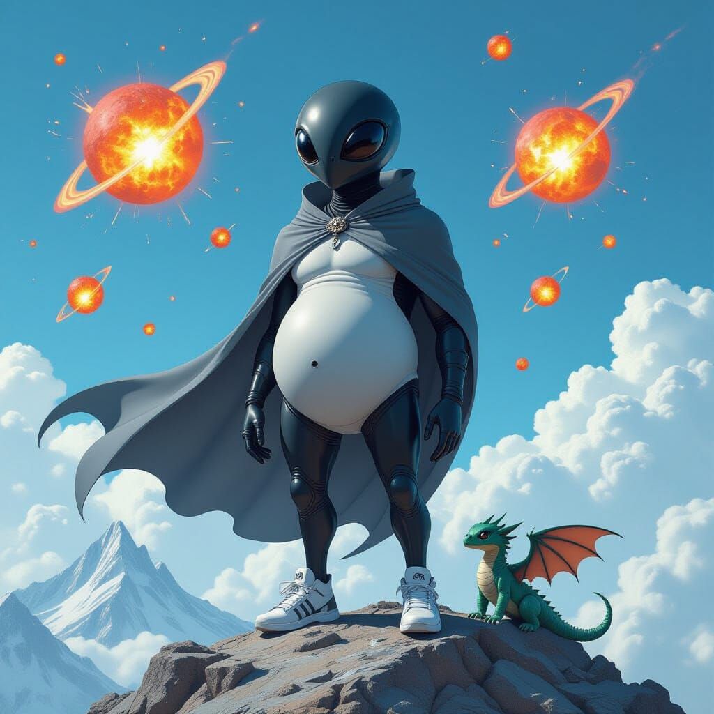 Cosmic Horror Alien Monster Holding Pizza on Fiery Planet Mo...