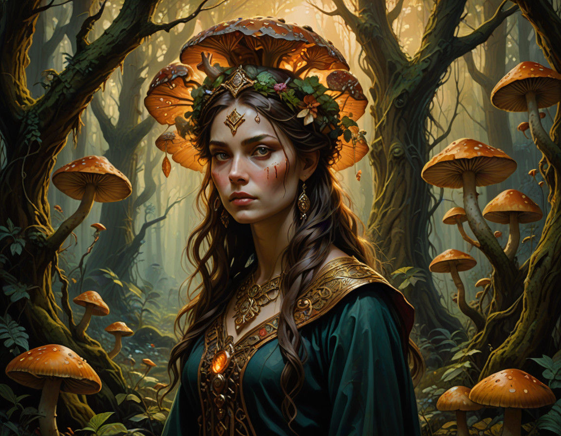 Mysterious Alraune in Whimsical Forest Landscape