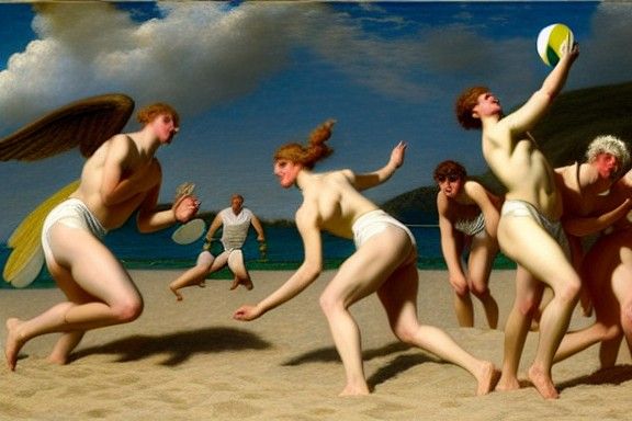 Angels Playing Beach Volleyball in Academic Style