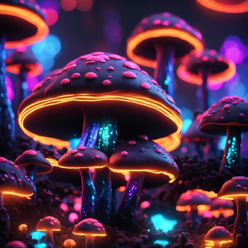 Neon Mushroom with Glitter, Detailed Digital Painting