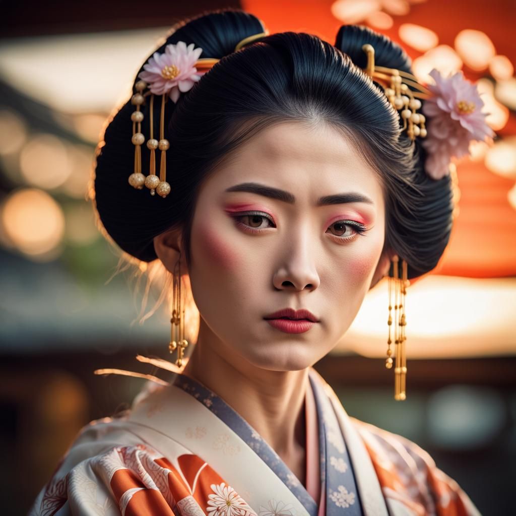 Thoughtful Geisha in Traditional Japanese Clothing