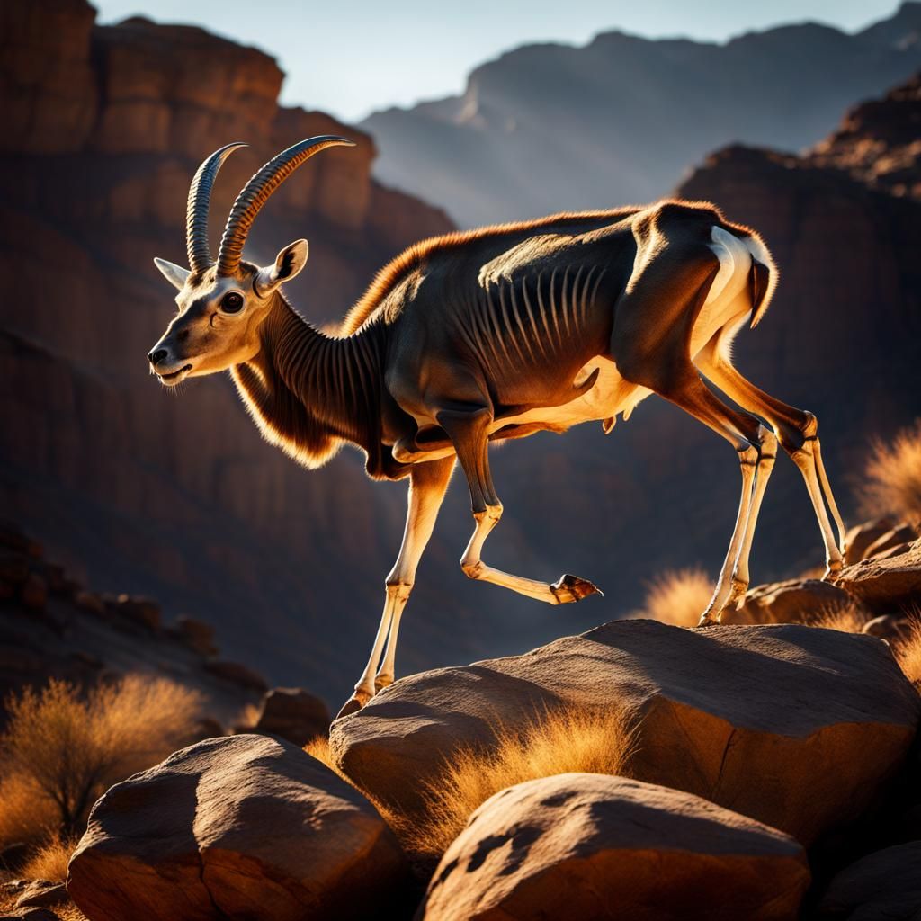 Skeletal Bharal Leaping in Golden Hour Light