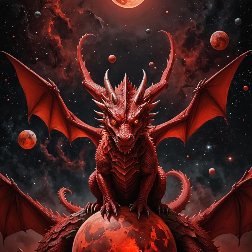 Fiery Red Dragon Portrait with Red Moon