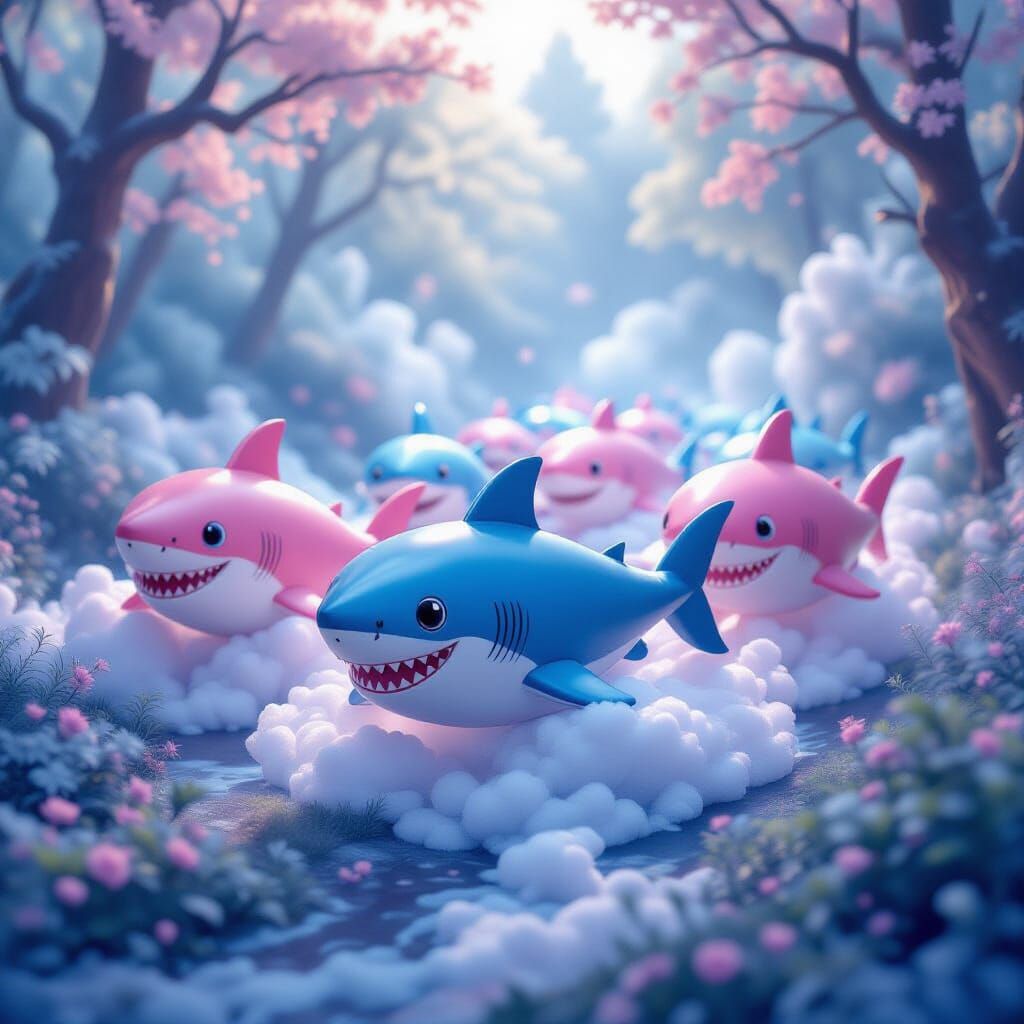 Whimsical Baby Shark Parade in Fantasy Landscape