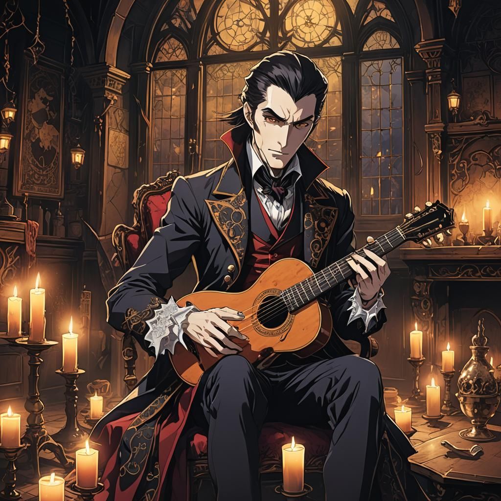 Dracula's Anime Tavern Serenade in Japanese Manga Style