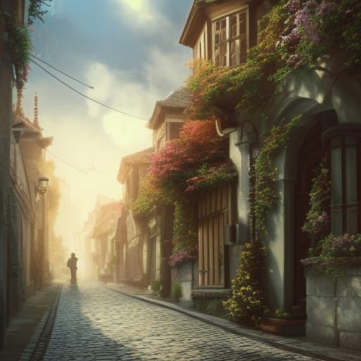 Cobbled Street Scene in Detailed Fantasy Style