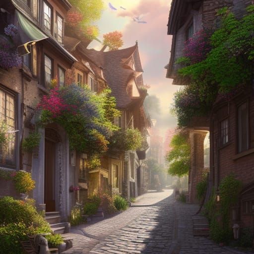 Enchanting Cobbled Street with Flowers and Trees