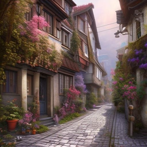 Enchanting Cobbled Street Scene in Klimt Style