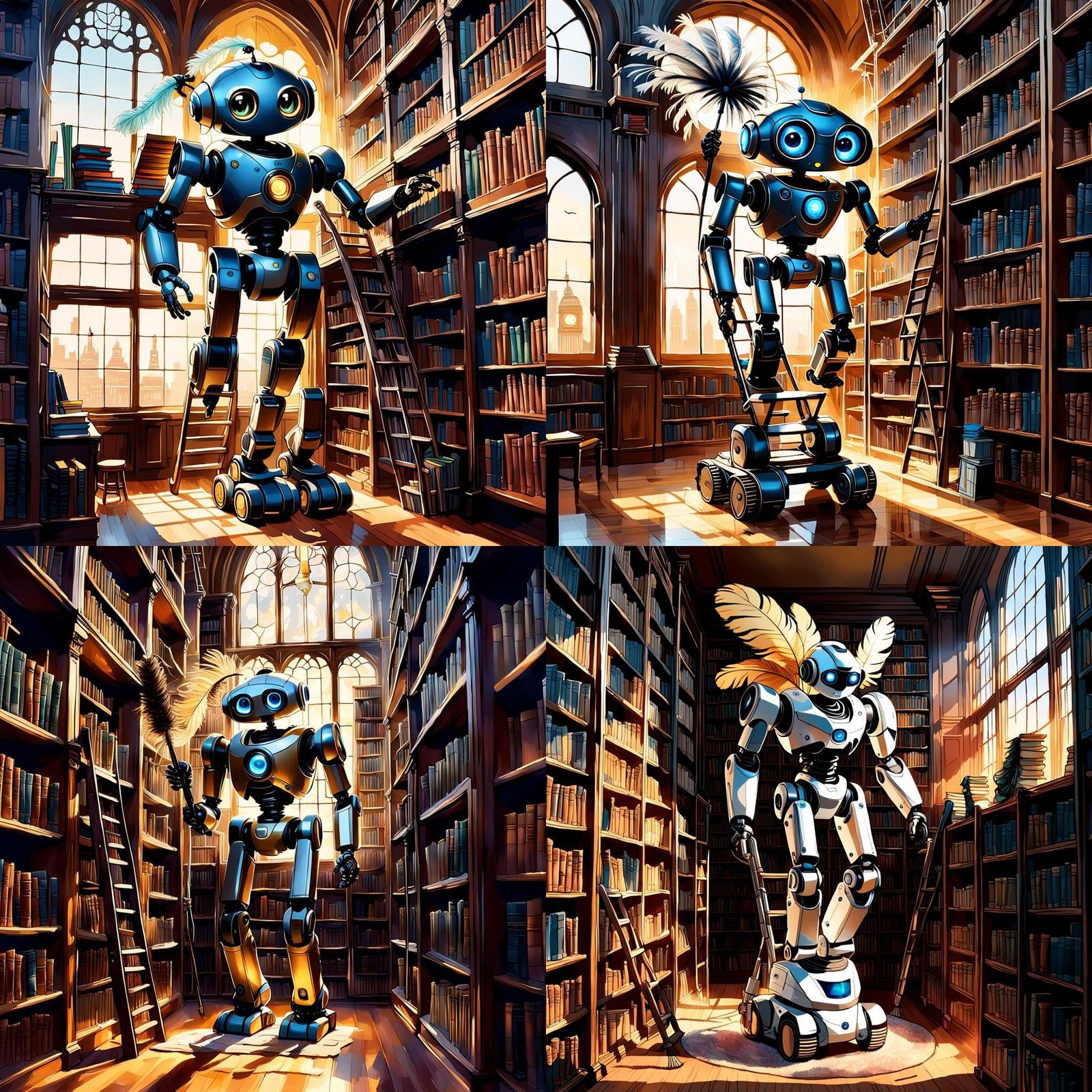 Charming Cleaning Robot Dusting Library, 3D Digital Art