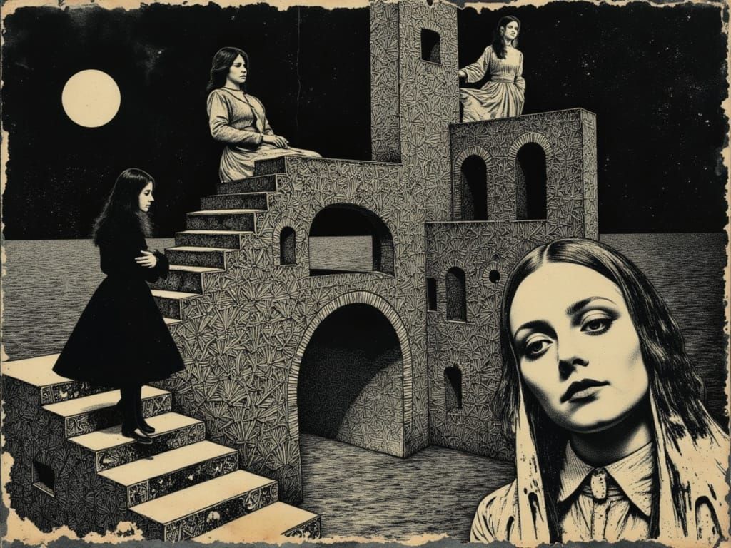 Queen of Hearts in Escher-Inspired Pop Art