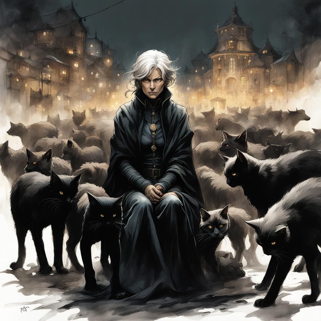 Elderly Woman Surrounded by Cats: Anime Style Ink Sketch