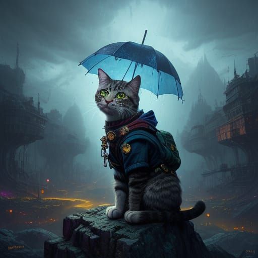 Whimsical Cat Conquers Turbulent Stormscape