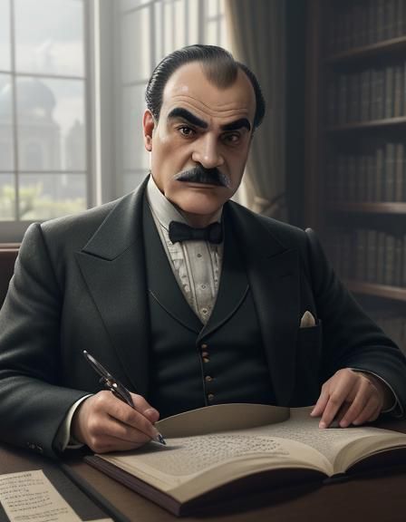 Hercule Poirot Portrait in Library, Cinematic 3D Render